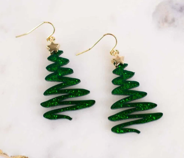 Green glitter acetate Christmas tree drop earrings