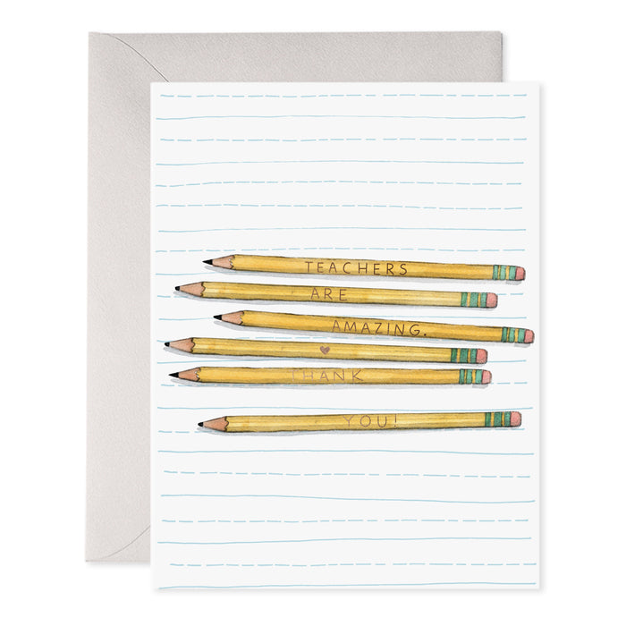 Card with a row of yellow pencils on lined paper