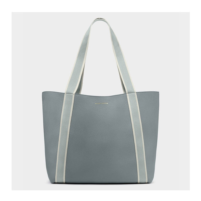 Slate blue tote bag with light gray straps