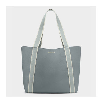 Slate blue tote bag with light gray straps