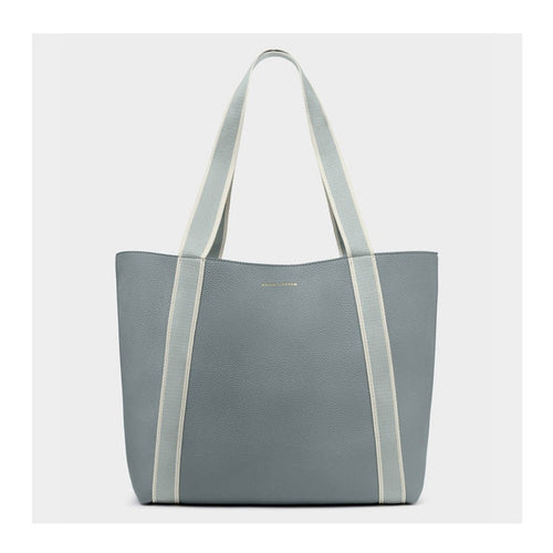 Slate blue tote bag with light gray straps