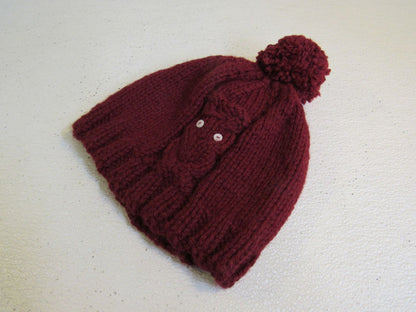 Handcrafted-Beanie-Owl-Hat-Cranberry-Pom-Pom-Merino-Female-Adult-444 2