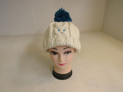 Handcrafted-Owl-Hat-Cream-Teal-Pom-Pom-Acrylic-Wool-Female-Adult-470 3