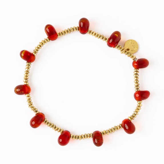 Gold bead stretch bracelet with red bead drops
