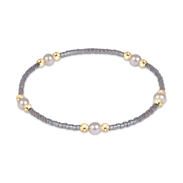 Gray seed bead stretch bracelet with pearl and gold bead clusters