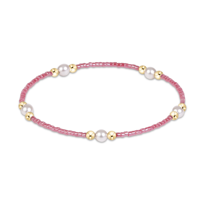 Berry pink seed bead stretch bracelet with pearl and gold bead clusters