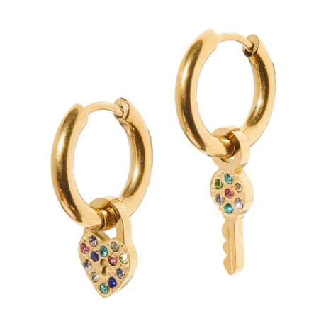 Gold huggie hoops with a rainbow crystal heart lock and key charm
