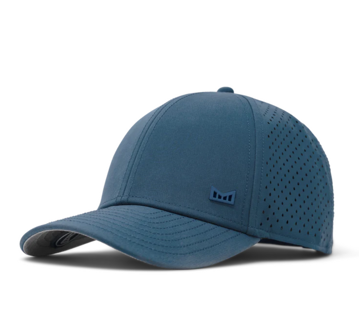 Steel blue melin performance cap with a small logo