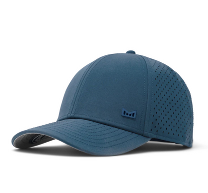 Steel blue melin performance cap with a small logo