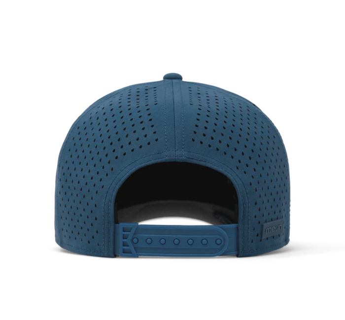 Back of a steel blue melin cap with perforated panels