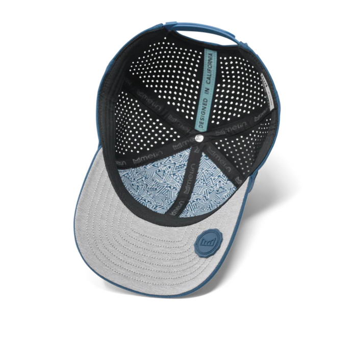 Underside of a steel blue melin cap