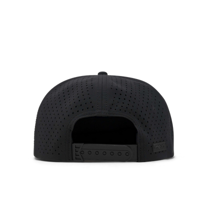 Back view of a black perforated baseball cap with a snapback closure