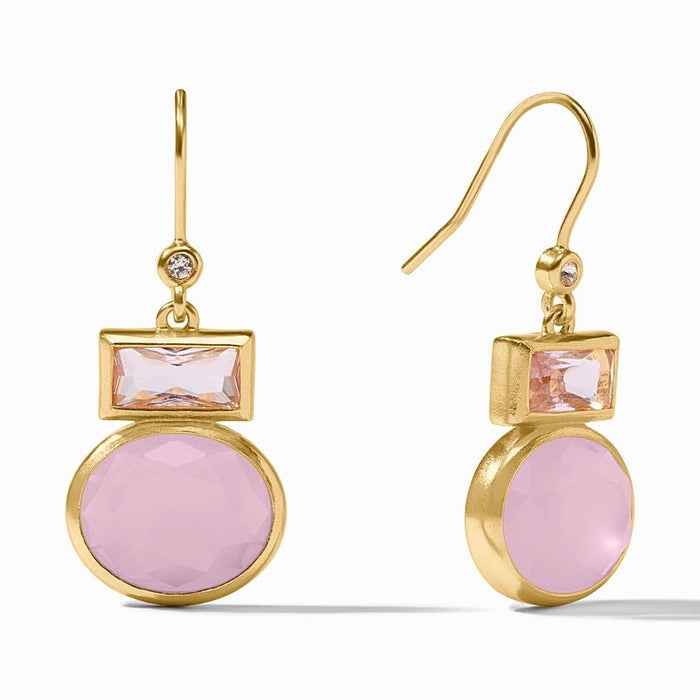 Gold drop earrings with rectangular and circular pink gemstones