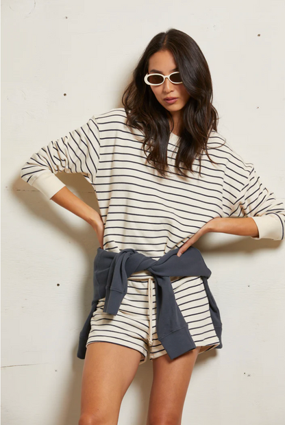 LAYLA FRENCH TERRY SHORT IN NATURAL/NIGHT STRIPE