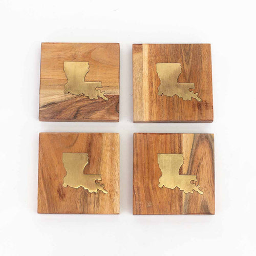 NolaCajun Louisiana Wood Coasters Natural Brass Set of 4 Louisiana Cajun Decor New Orleans