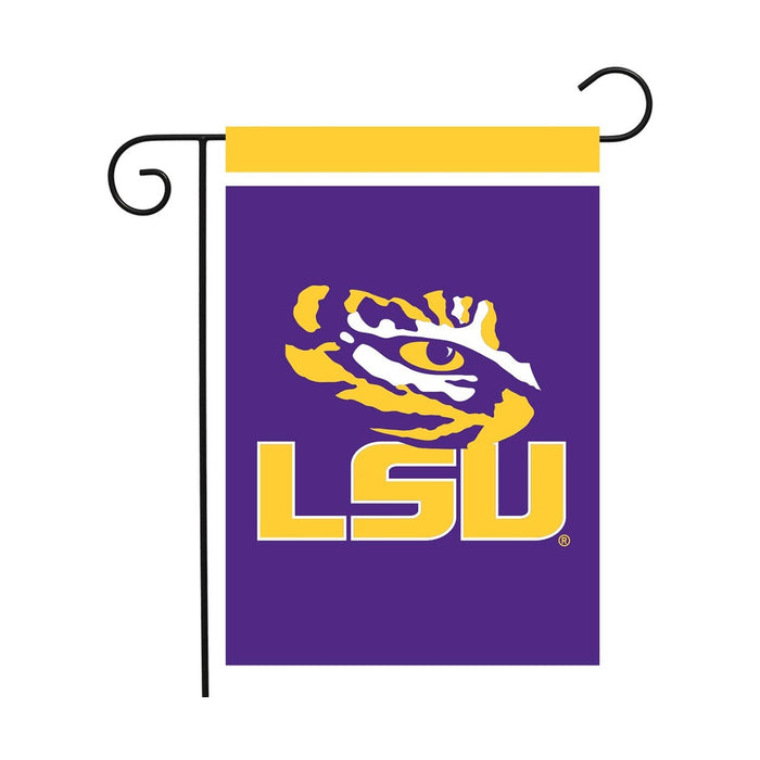 Purple LSU Fighting Tigers garden flag with the tiger eye logo on a stand
