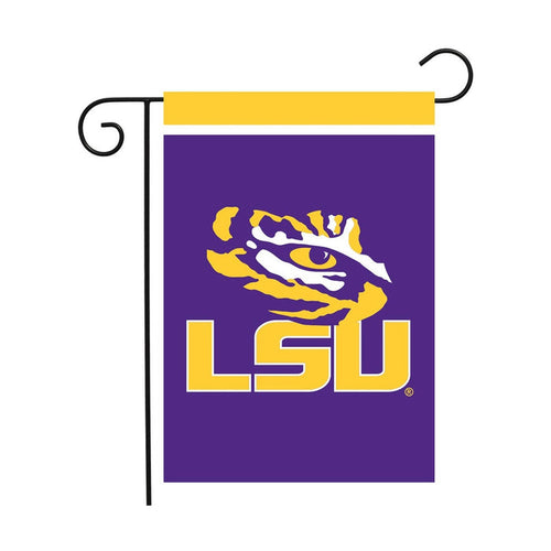 Purple LSU Fighting Tigers garden flag with the tiger eye logo on a stand