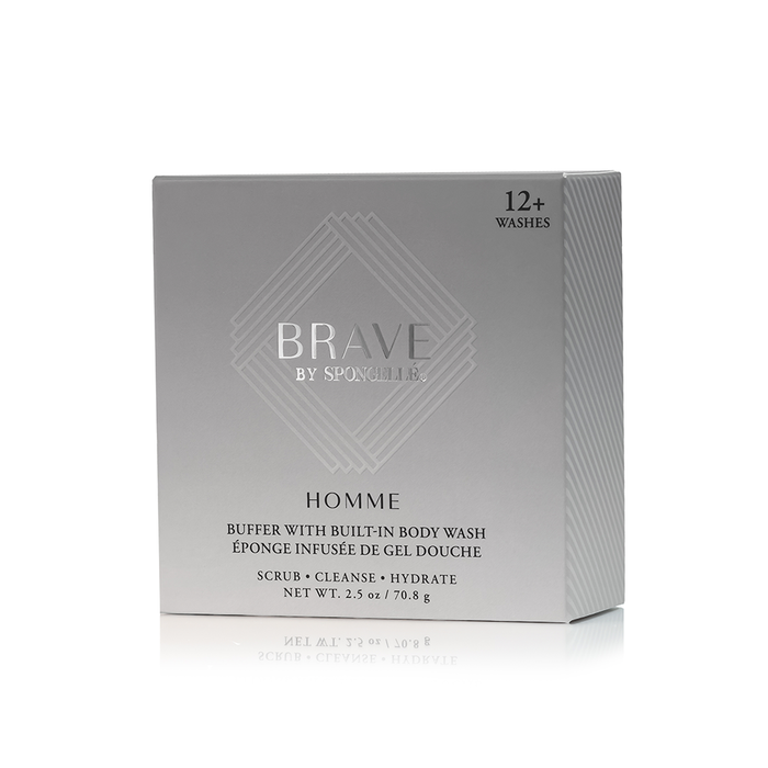 Silver square box of Brave by Spongelle Homme body wash buffer