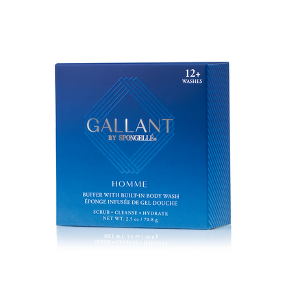 Blue square box of Spongelle Gallant buffer with built in body wash