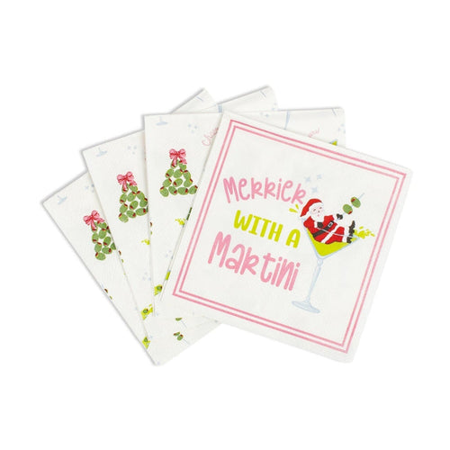Stack of white paper napkins with Santa in a martini glass and olive tree graphics