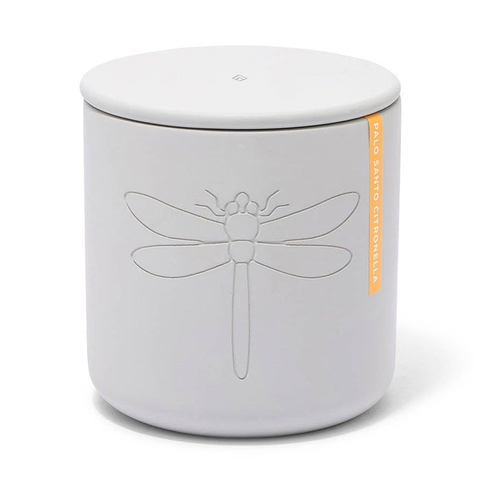 Gray ceramic Modern Citronella candle with an etched dragonfly and lid