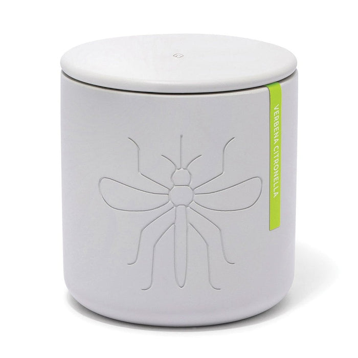 Gray ceramic Modern Citronella candle with an etched mosquito and lid