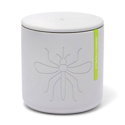 Gray ceramic Modern Citronella candle with an etched mosquito and lid