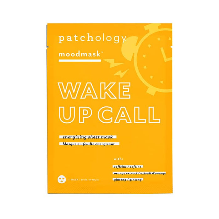 Patchology Wake Up Call energizing sheet mask package in yellow