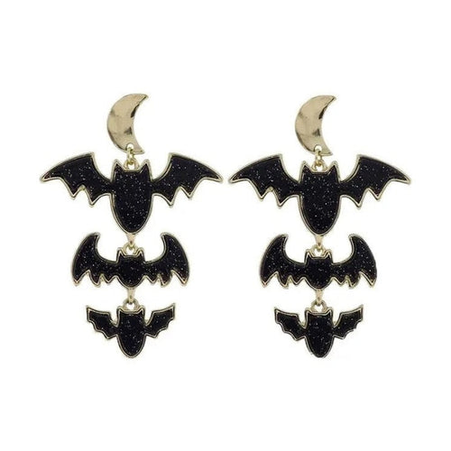 Black bat earrings with gold crescent moons