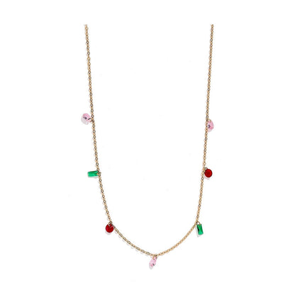 Gold chain necklace with scattered pink round, red round, and green rectangular charms