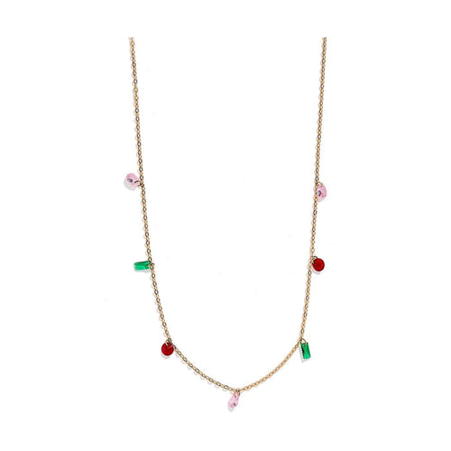 Gold chain necklace with scattered pink round, red round, and green rectangular charms