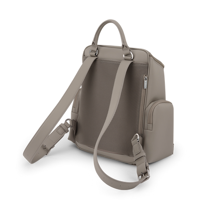[Taupe] Beige backpack with a front pocket on a white background
