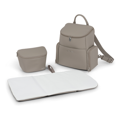 [Taupe] Set of beige bags including a backpack, small pouch, and changing mat on a white background