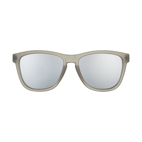 Gray square sunglasses with silver mirrored lenses