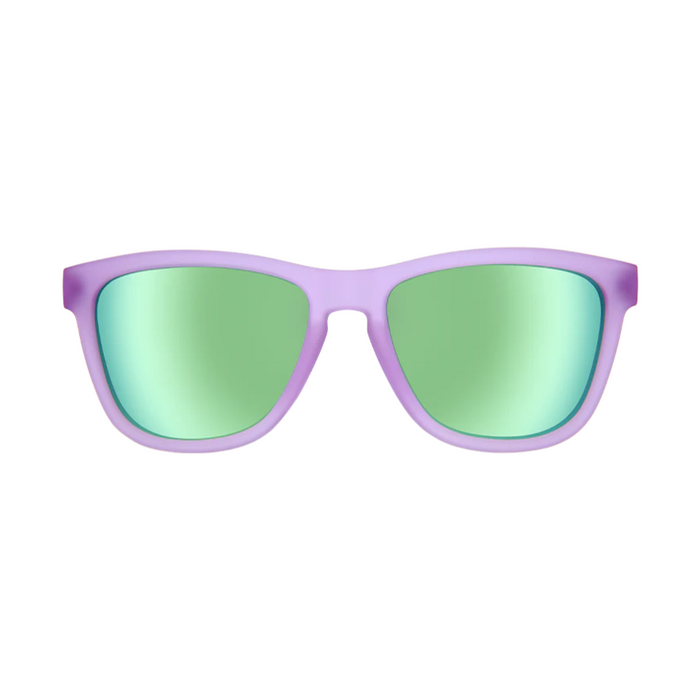 Lilac square sunglasses with green mirrored lenses