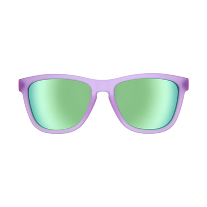 Lilac square sunglasses with green mirrored lenses