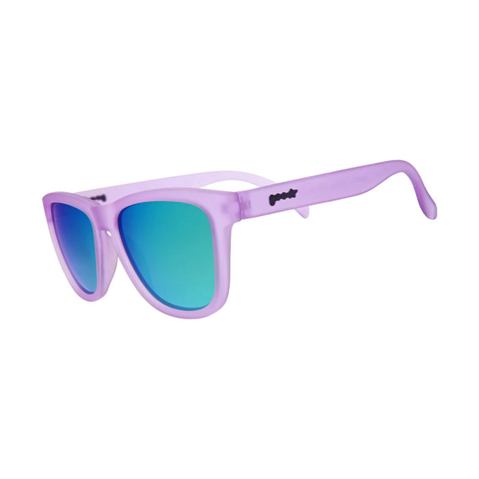 Lilac square sunglasses with green mirrored lenses, side view