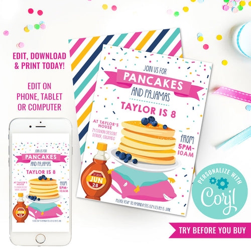 Pancakes and Pajamas Party Invitation for a Girl | Sleepover Invitation