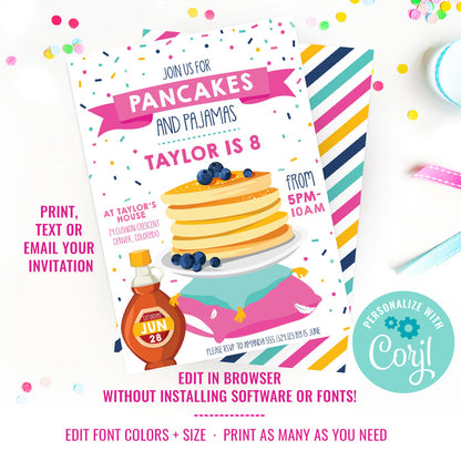 Pancakes and Pajamas Party Invitation for a Girl | Sleepover Invitation