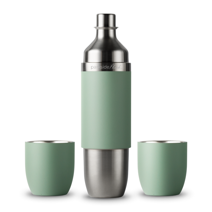 Juniper green Parkside cocktail shaker flask with two matching cups
