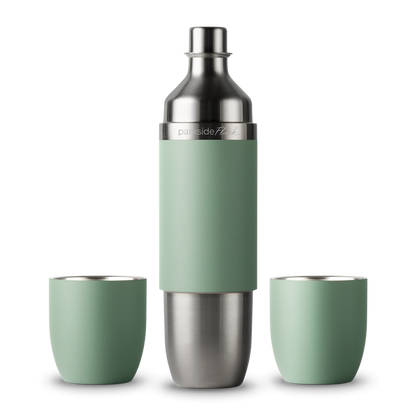 Juniper green Parkside cocktail shaker flask with two matching cups