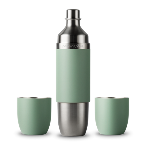 Juniper green Parkside cocktail shaker flask with two matching cups