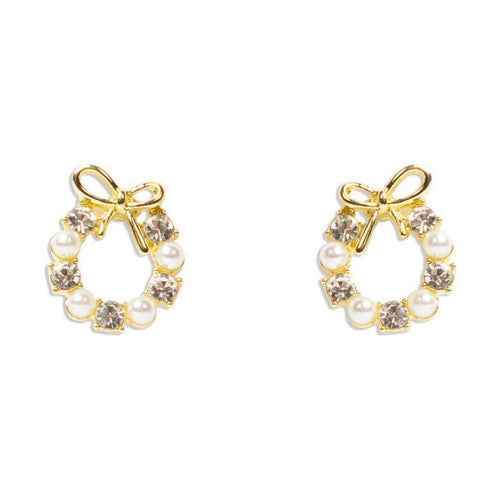 Gold bow stud earrings with alternating pearls and clear crystals in a wreath shape