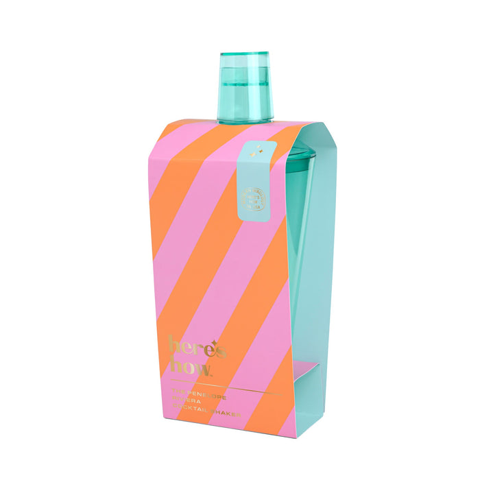 Cocktail shaker with aqua top in a pink and orange striped box