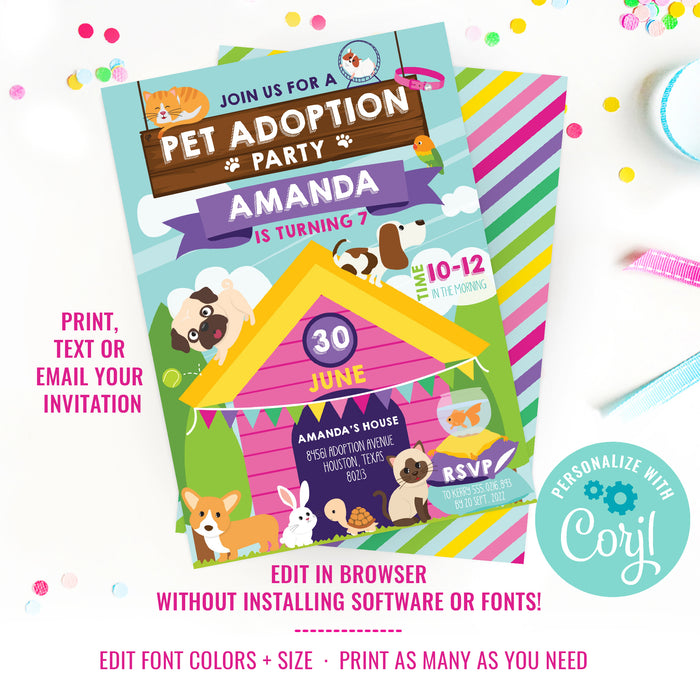 Pet Adoption Party Invitation for Girls