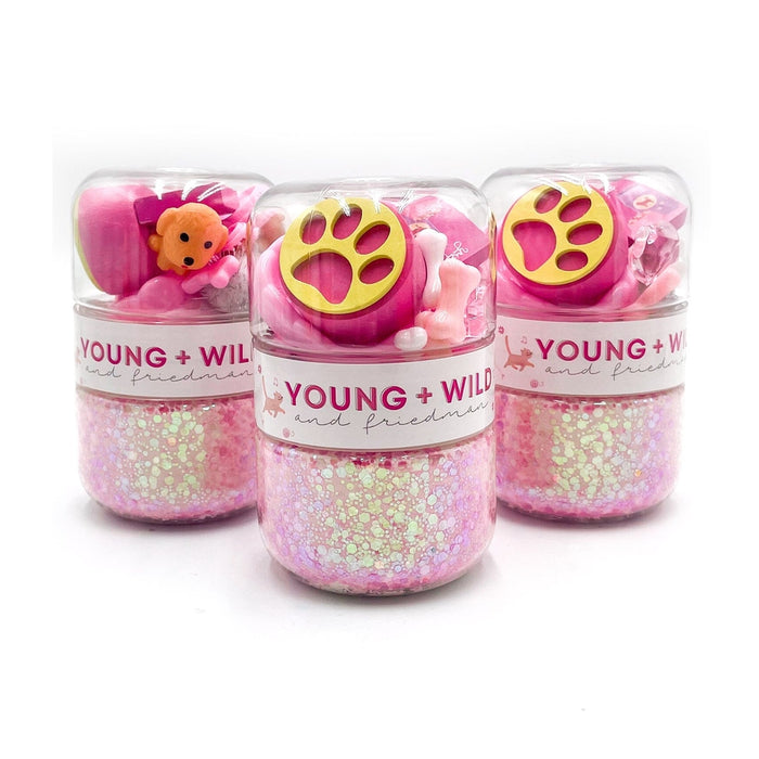 Young and Wild pink pet shop dough jars with paw print lids