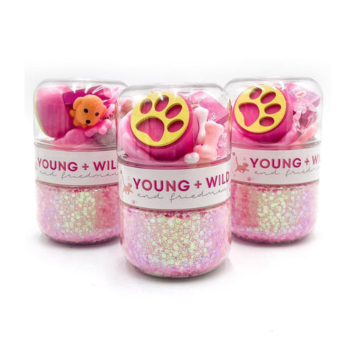 Young and Wild pink pet shop dough jars with paw print lids