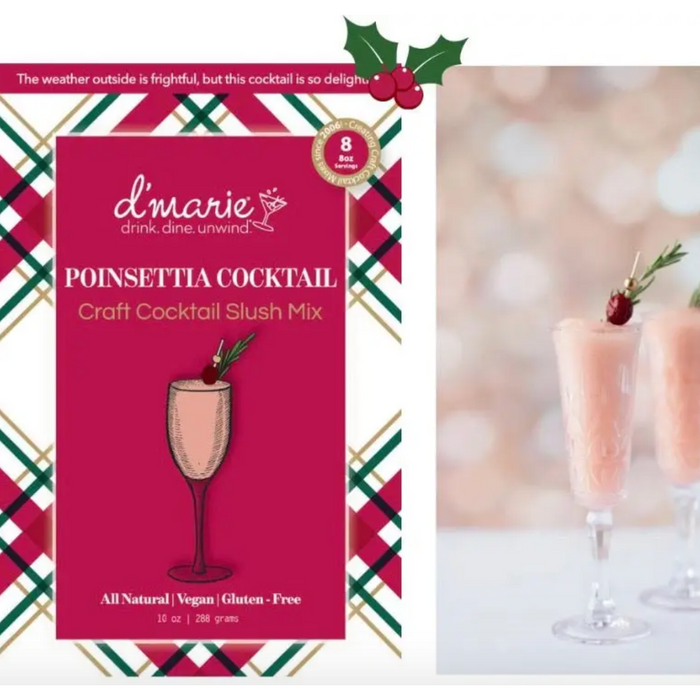 D marie Poinsettia Cocktail craft cocktail slush mix package next to two champagne flutes with pink slushy drinks