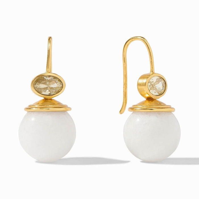 Gold drop earrings featuring a round white stone and a small oval gemstone on a hook backing