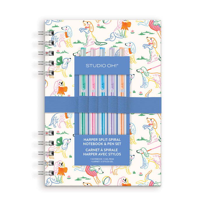 Spiral notebook with a dog print and pen set band